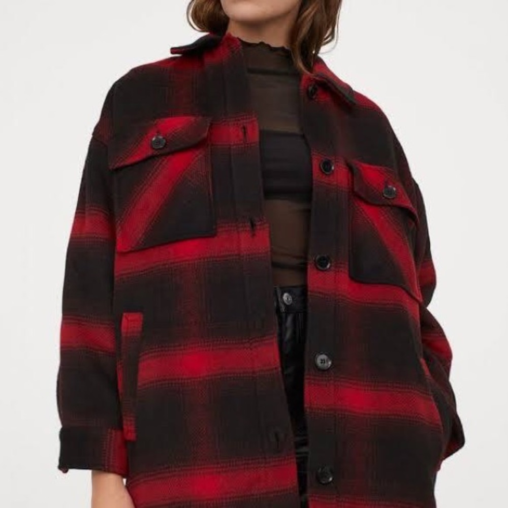 H&M Women’s Red & Black Plaid Shacket Jacket Sz Large